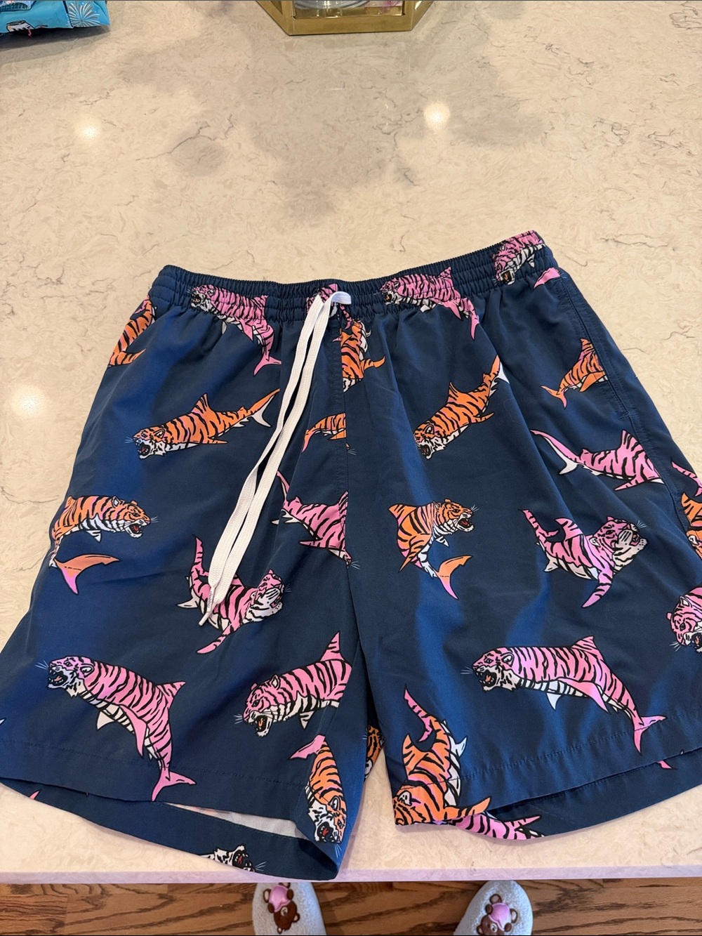 chubbies Men's Navy Swim Trunks with Pink & Orange Tiger-Shark Print